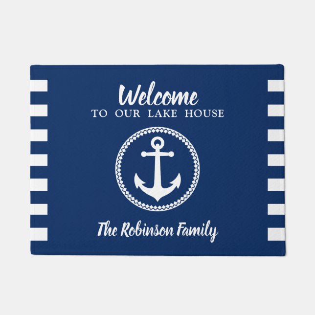 Paillasson Maison et nom de famille avec Ancre Marine Bleu (Devant)
