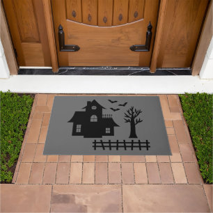 Paillasson Maison Hantée Simple Silhouette Et Bats Halloween