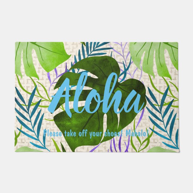 Paillasson Maleah Monstera Tropical Hawaiian Aquarelle Vert (Devant)