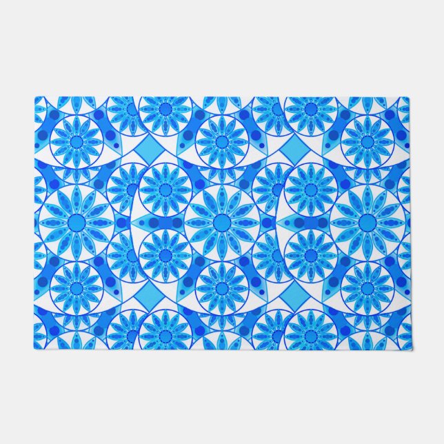 Paillasson Mandala motif, bleu cobalt, turquoise et blanche (Devant)