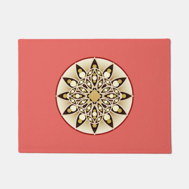 Paillasson Mandala motif en rose corail, chocolat et bronzage (Devant)