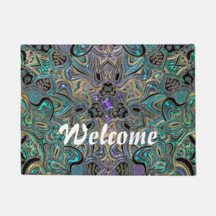 Paillasson Mandala noir pourpre d'or turquoise