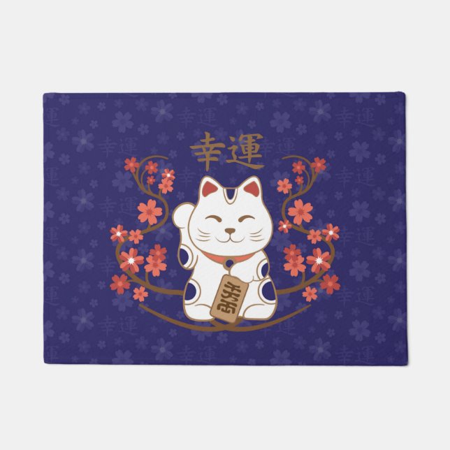 Paillasson Maneki-neko chat avec un kanji de chance (Devant)