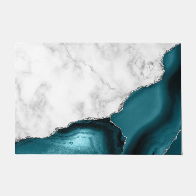 Paillasson Marbre blanc Parties scintillant argent Turquoise  (Devant)