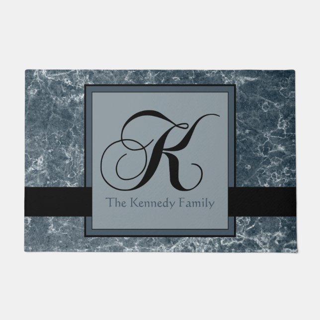 Paillasson Marbre gris bleu Motif Monogramme noir K Ajouter u (Devant)