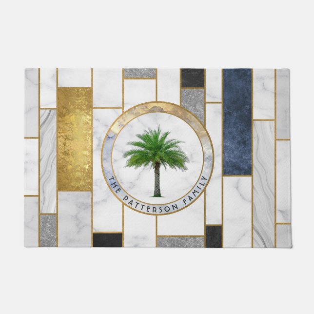 Paillasson Marbre Moderne Tropical Palm Nom de famille (Devant)