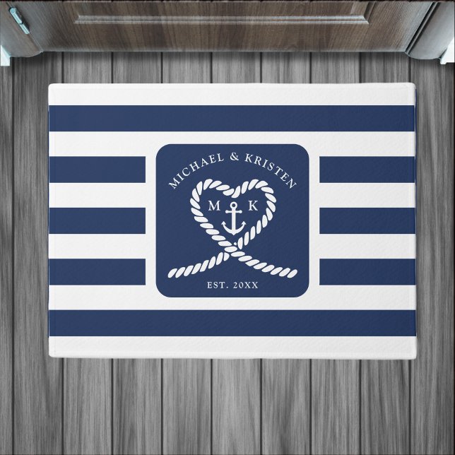 Paillasson Mariage d'Ancre du coeur en corde bleue marine (Nautical Blue Striped Rope Heart Anchor Wedding Doormat)
