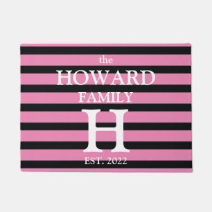 Paillasson Mariage moderne Black Pink Stripes Monogram Nom