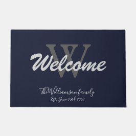 Paillasson Marine Blue Elegant Monogramme Nom Mariage Bienven
