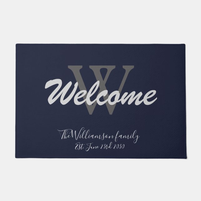 Paillasson Marine Blue Elegant Monogramme Nom Mariage Bienven (Devant)