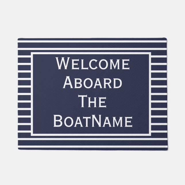 Paillasson Marine et Blanc Bienvenue à bord du bateau (Devant)