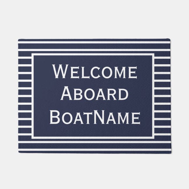 Paillasson Marine et Blanc Bienvenue à bord du bateau (Devant)