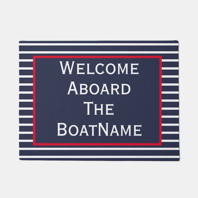 Paillasson Marine et Blanc Bienvenue à bord du bateau (Devant)