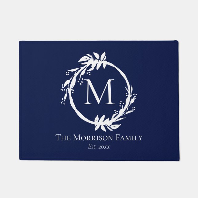 Paillasson Marine moderne Blue White Wreath Nom de famille Mo (Devant)