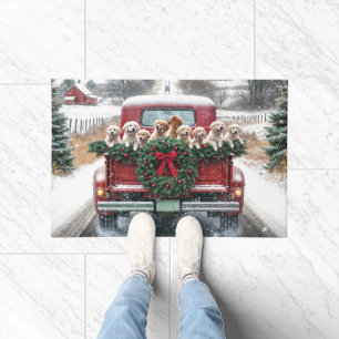 Paillasson Marionnettes Golden Retriever En Camion Rouge Noël