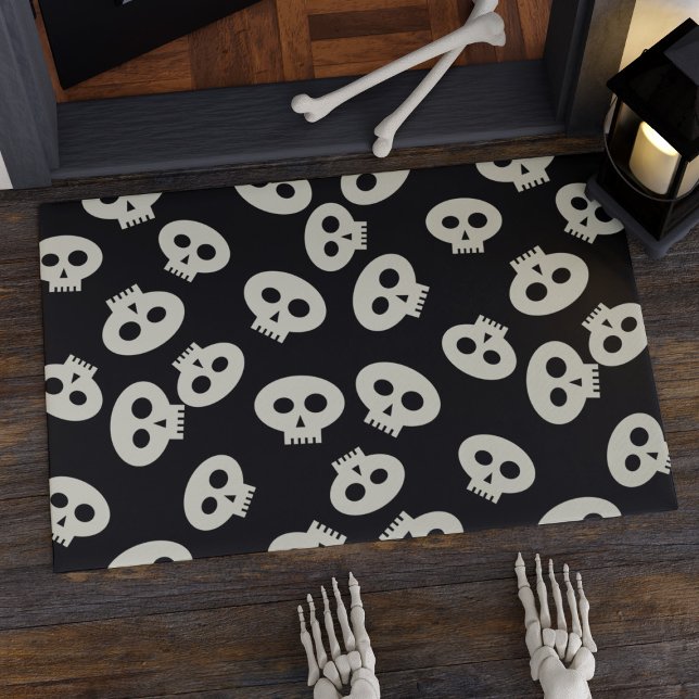 Paillasson Matelas de porte pour les crânes d'Halloween noirs (Cute skulls welcome your visitors on this Halloween doormat)