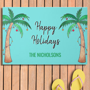 Paillasson Mele Kalikimaka Palm Trees Turquoise Nom de vacanc