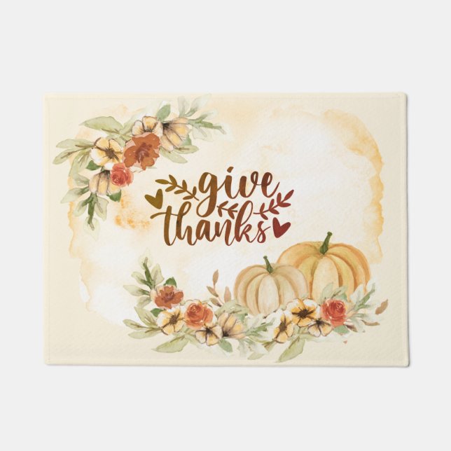 Paillasson Merci Thanksgiving Autumn Flowers Citrouilles (Devant)