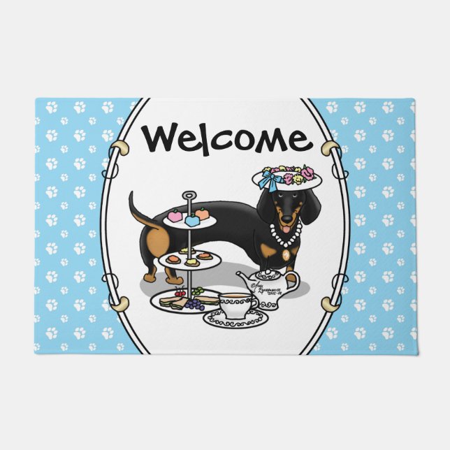 Paillasson Mignonne Tea Party Dachshund (noir & bronzage) Chi (Devant)