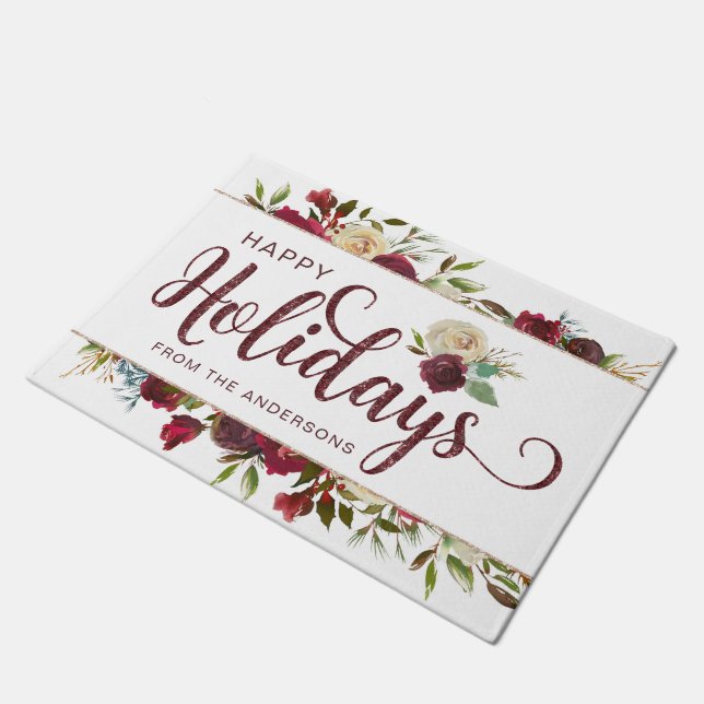 Paillasson Mistletoe Manor Aquarelle Roses Joyeuses vacances (Incliné)