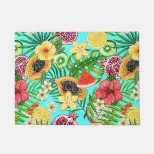 Paillasson Mix-fruit tropical, fleurs et feuilles en bleu