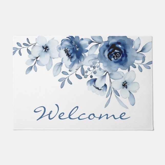 Paillasson Moderne Bleu Rose Floral Verdure Bienvenue (Devant)
