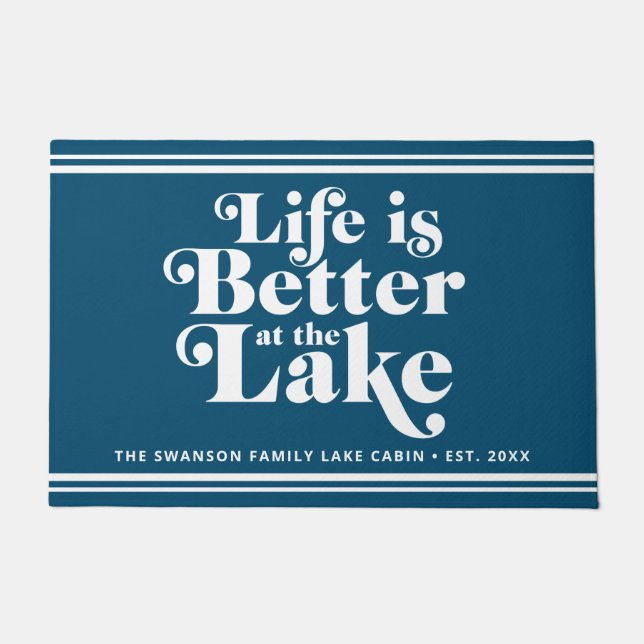 Paillasson Moderne Blue and White Lake Life Nom de famille (Devant)