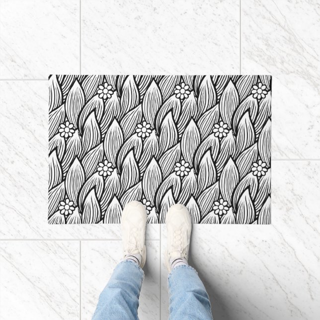 Paillasson Moderne & Cute noir et blanc Hippie Daisy Floral (Intérieur)