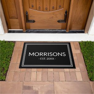 Paillasson moderne noir blanc nom personnalisé date double 