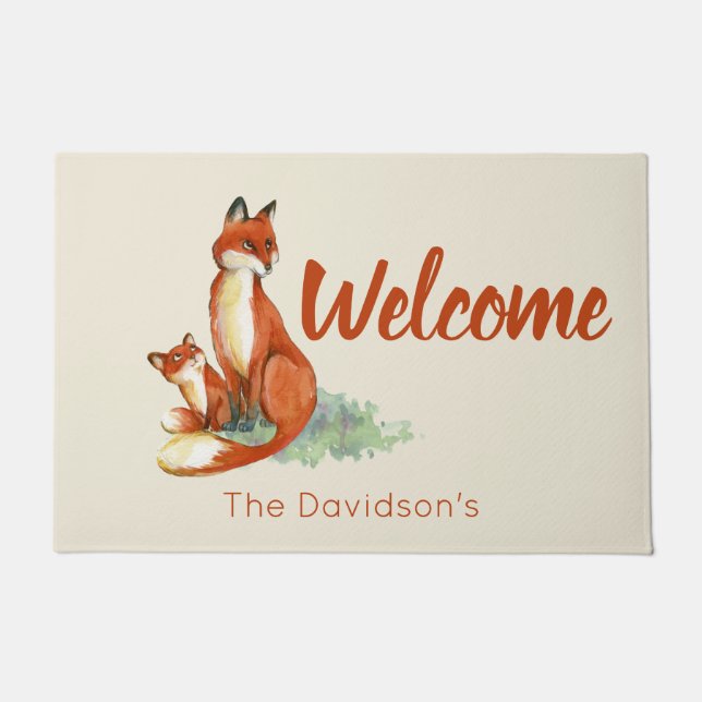 Paillasson Momma Fox et bébé aquarelle Illustration Bienvenue (Devant)