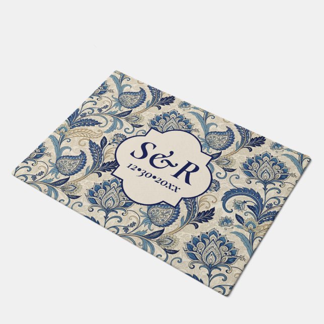Paillasson Monogram Blue & Cream Damask Floral Mariage (Incliné)