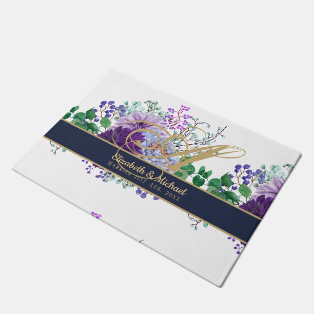 Paillasson Monogram Blue Purple Floral Gold Newlyweds Wedding (Incliné)