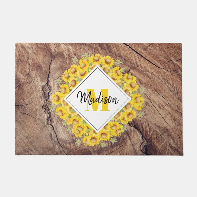 Paillasson Monogram de Rustic Sunflowers & Wood Texture (Devant)