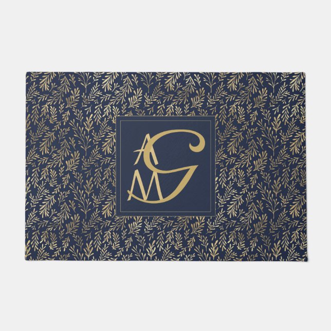 Paillasson Monogram Marine Gold Leaf Newlyweds Accueil Décor  (Devant)