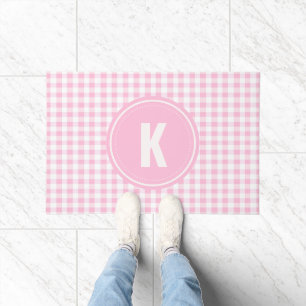 Paillasson Monogramme à motif gingham rose et blanc élégant