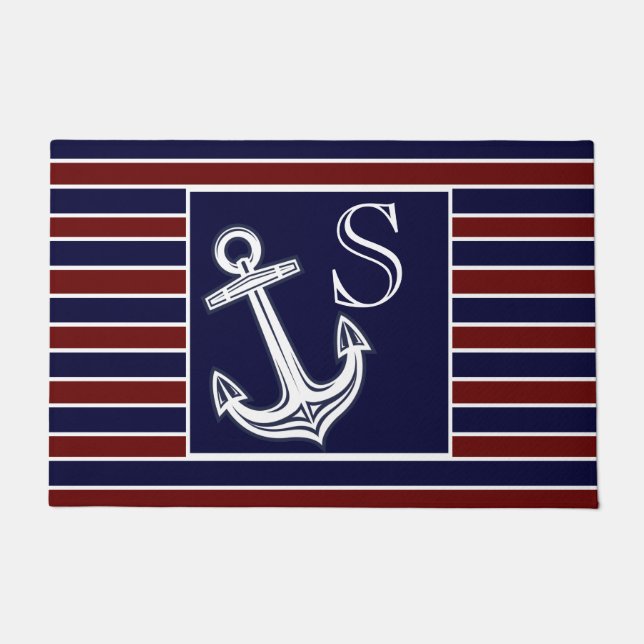 Paillasson Monogramme Ancre marine Bleu Maroon rayures (Devant)