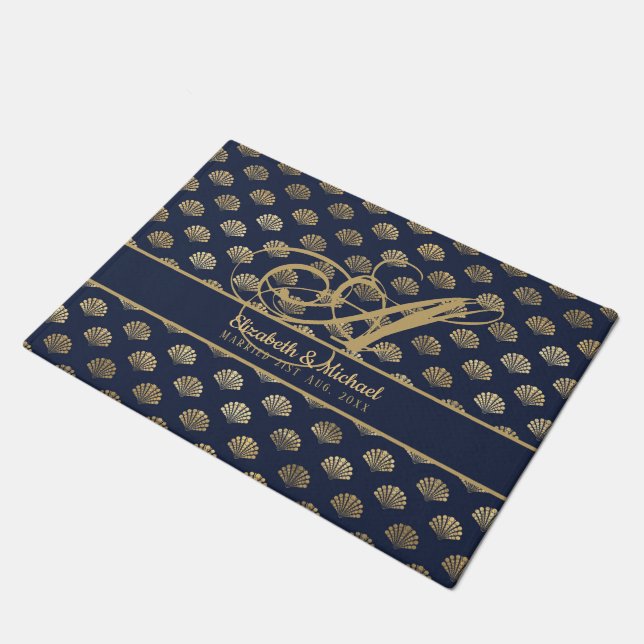 Paillasson Monogramme ART Déco Marine Blue Gold Shells Newlyw (Incliné)