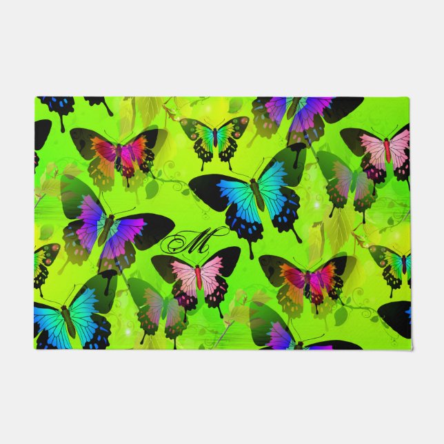Paillasson Monogramme avec royaume de papillons Morpho Aqua (Devant)