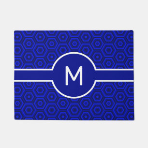 Paillasson Monogramme blanc gras sur Hexagones imbriqués bleu
