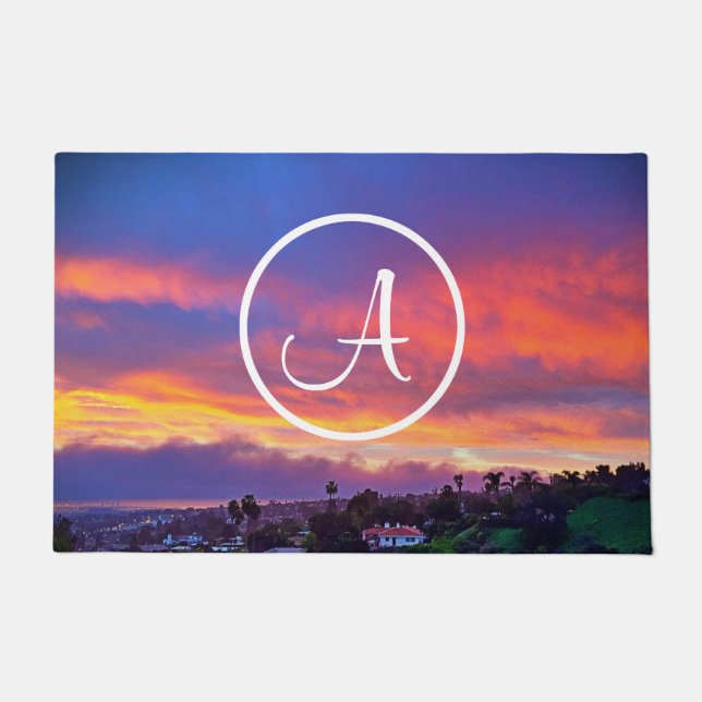 Paillasson Monogramme Bleu orange Coucher de soleil Coucher d (Devant)