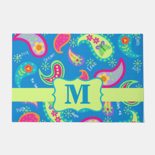 Paillasson Monogramme bleu turquoise Paisley Motif moderne