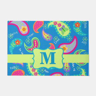 Paillasson Monogramme bleu turquoise Paisley Motif moderne