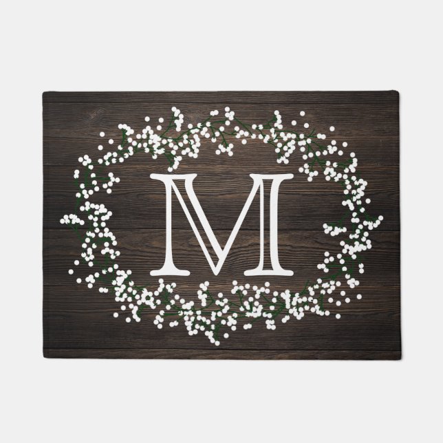 Paillasson Monogramme couronne florale et effet bois rustique (Devant)