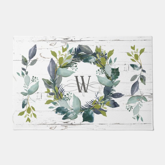 Paillasson Monogramme d'aquarelle de verdure rustique (Devant)