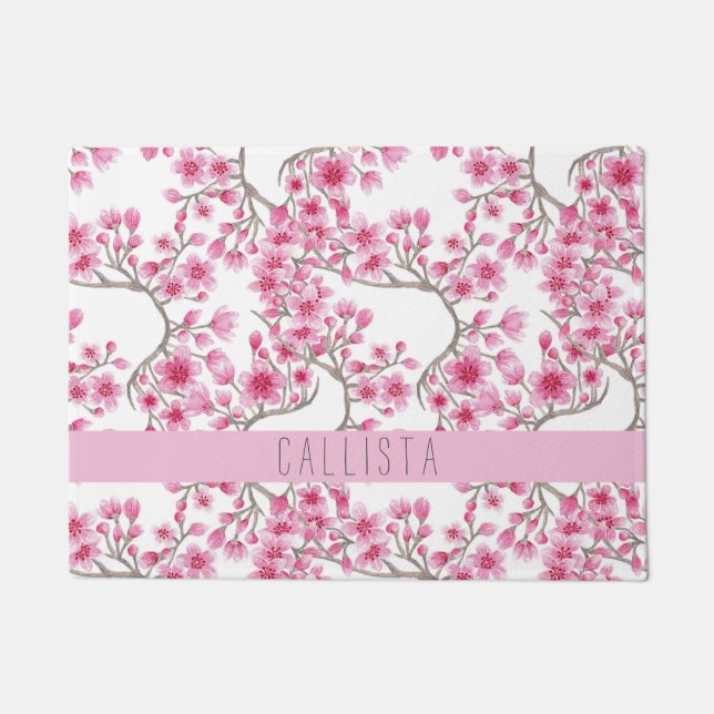 Paillasson Monogramme d'aquarelle florale de fleurs de cerisi (Devant)