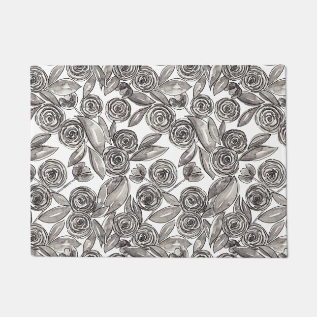 Paillasson Monogramme d'aquarelle florale noir moderne (Devant)