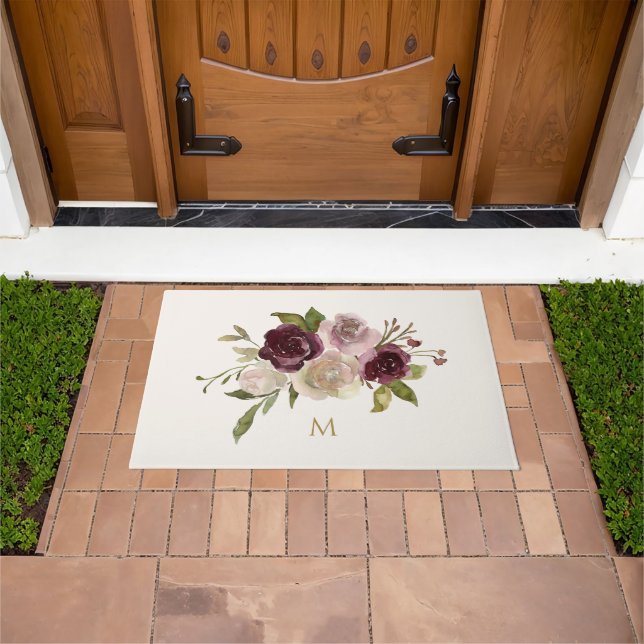Paillasson Monogramme d'aquarelle florale rose-bourgogne mode (De plein air)