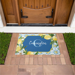 Paillasson Monogramme de citron bleu méditerranéen Nom Nouvea