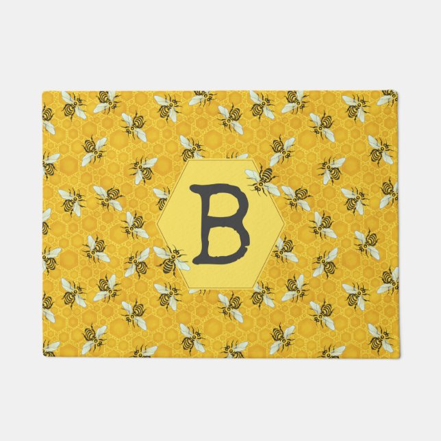 Paillasson Monogramme de famille d'essaim de ruche d'abeille (Devant)