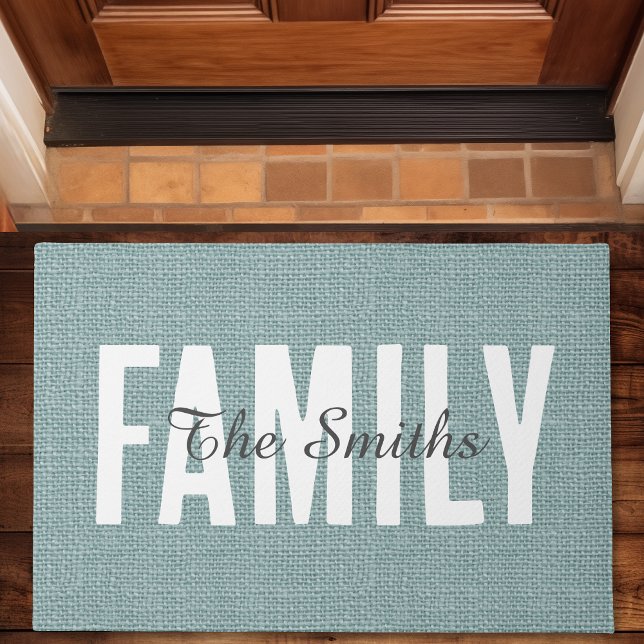 Paillasson Monogramme de famille en toile de jute bleue rusti (Créateur téléchargé)
